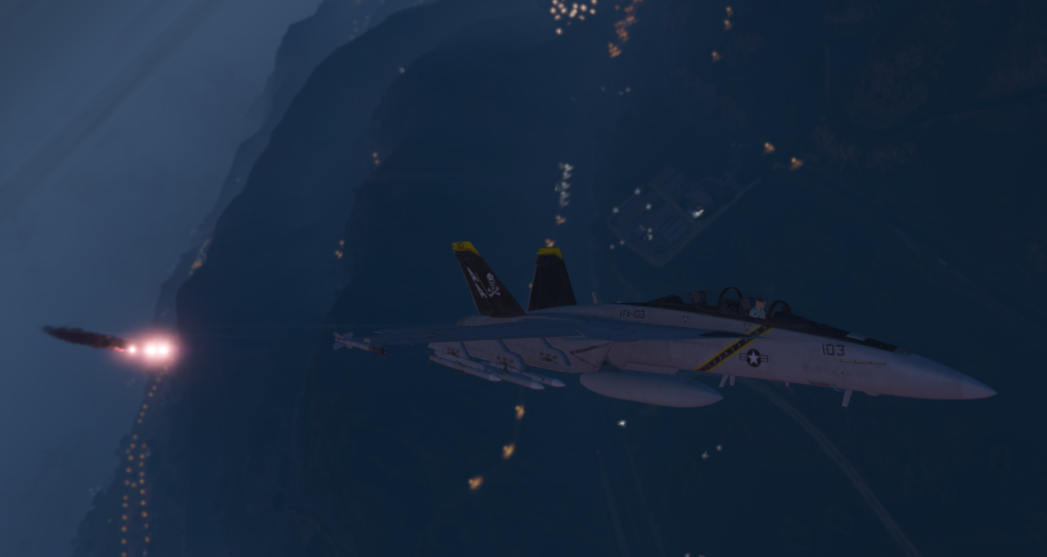 F/A-18 Super Hornet launching missile during night operation on MCS FiveM military server