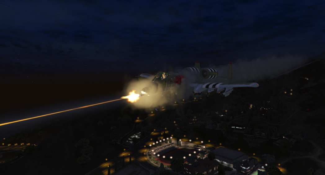 Attack helicopter firing cannon during night combat operation on MCS FiveM military server
