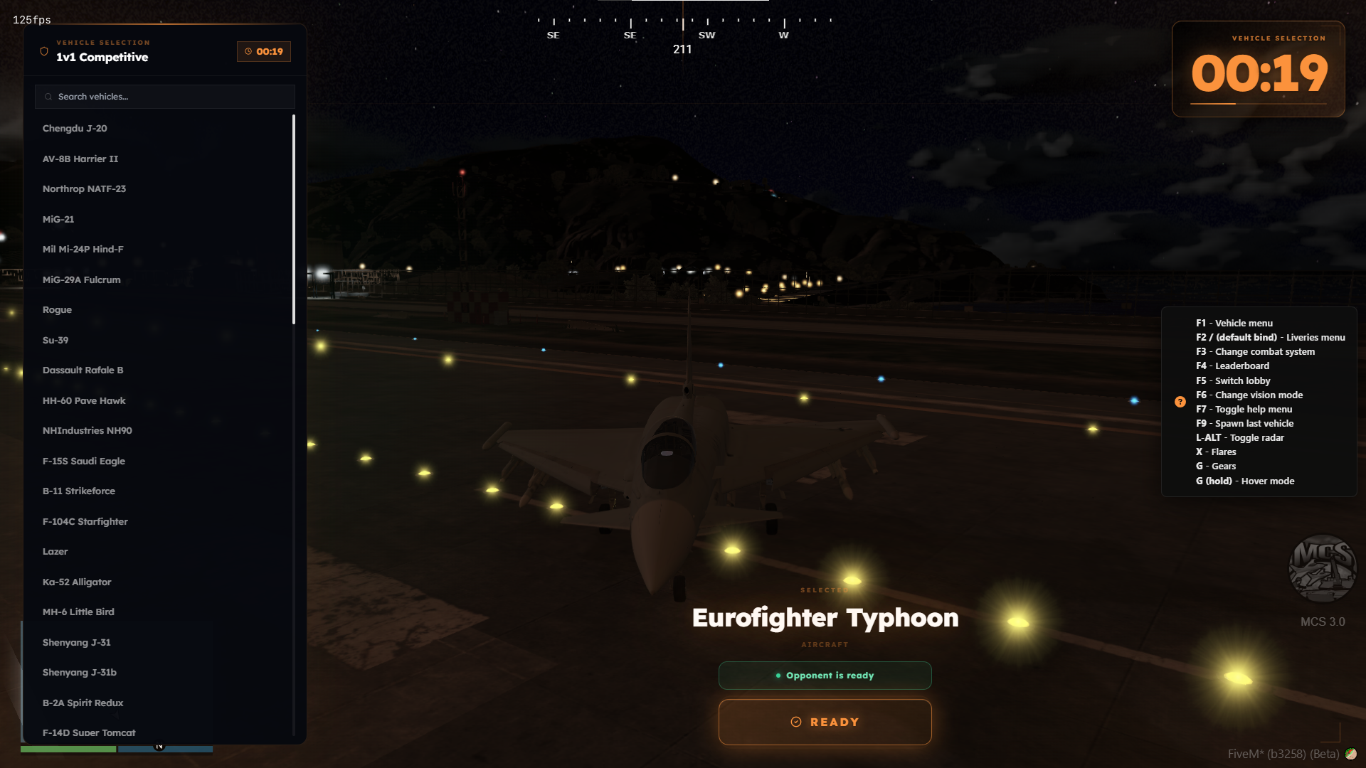 MCS FiveM competitive PvP vehicle selection screen with Eurofighter Typhoon ready for 5v5 match