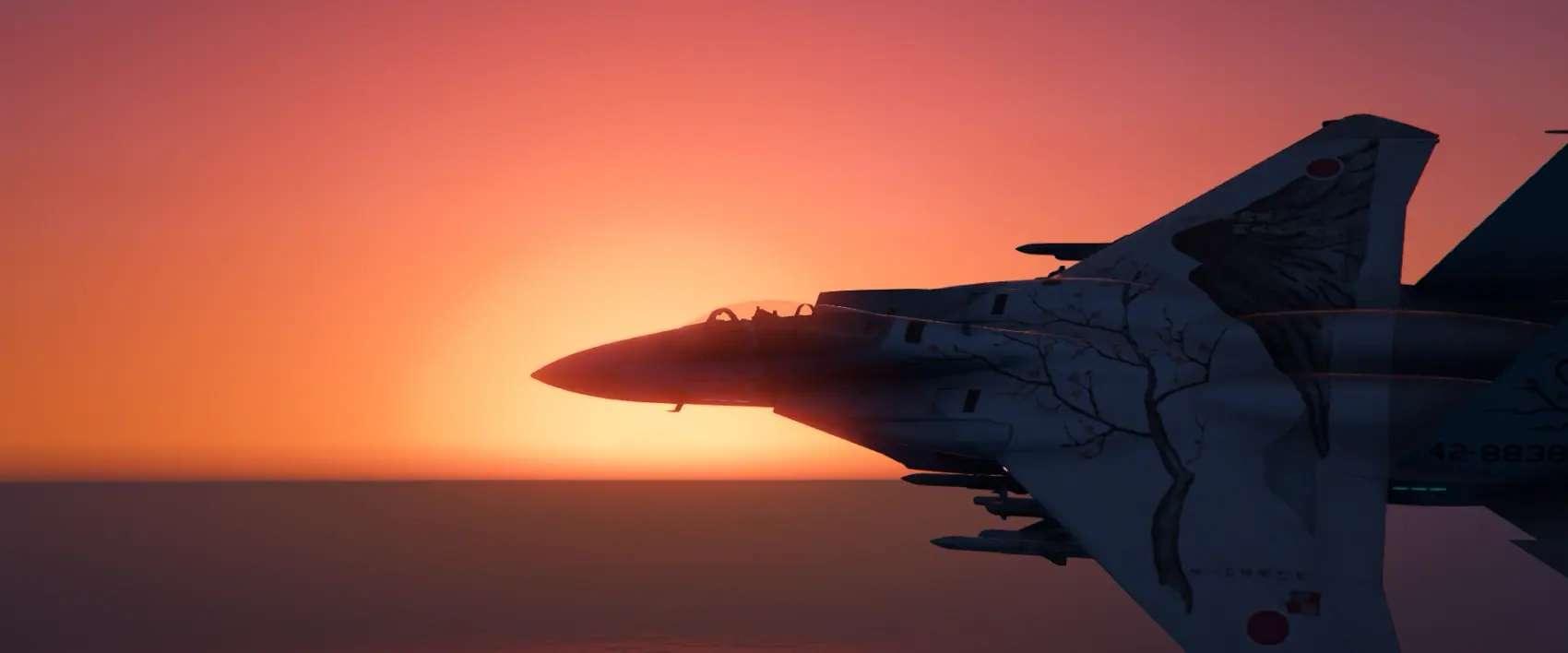 F-15J Eagle in cherry blossom livery cruising alone above the ocean into a red sunset on the MCS FiveM server