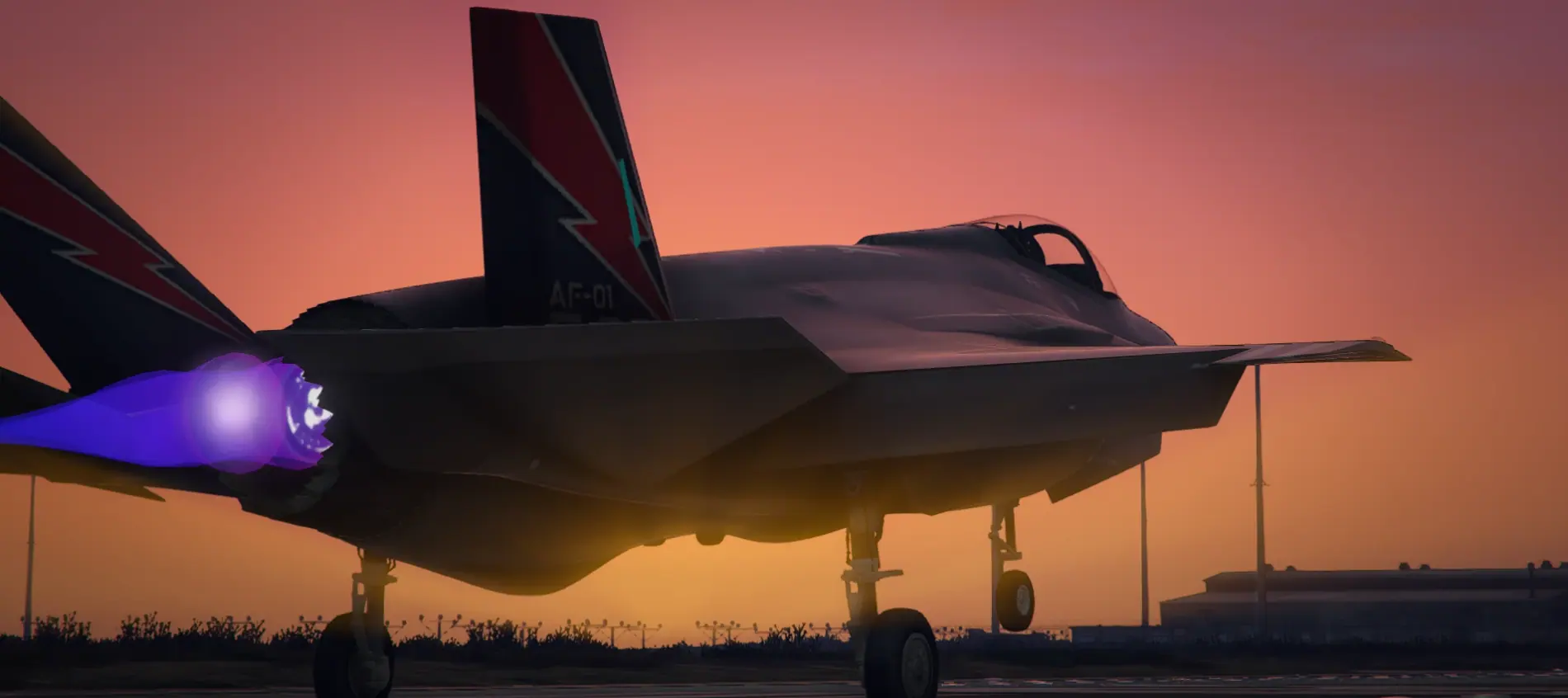 F-35 Lightning II holding on the runway with the afterburner lit against a burning red sunset on the MCS FiveM server