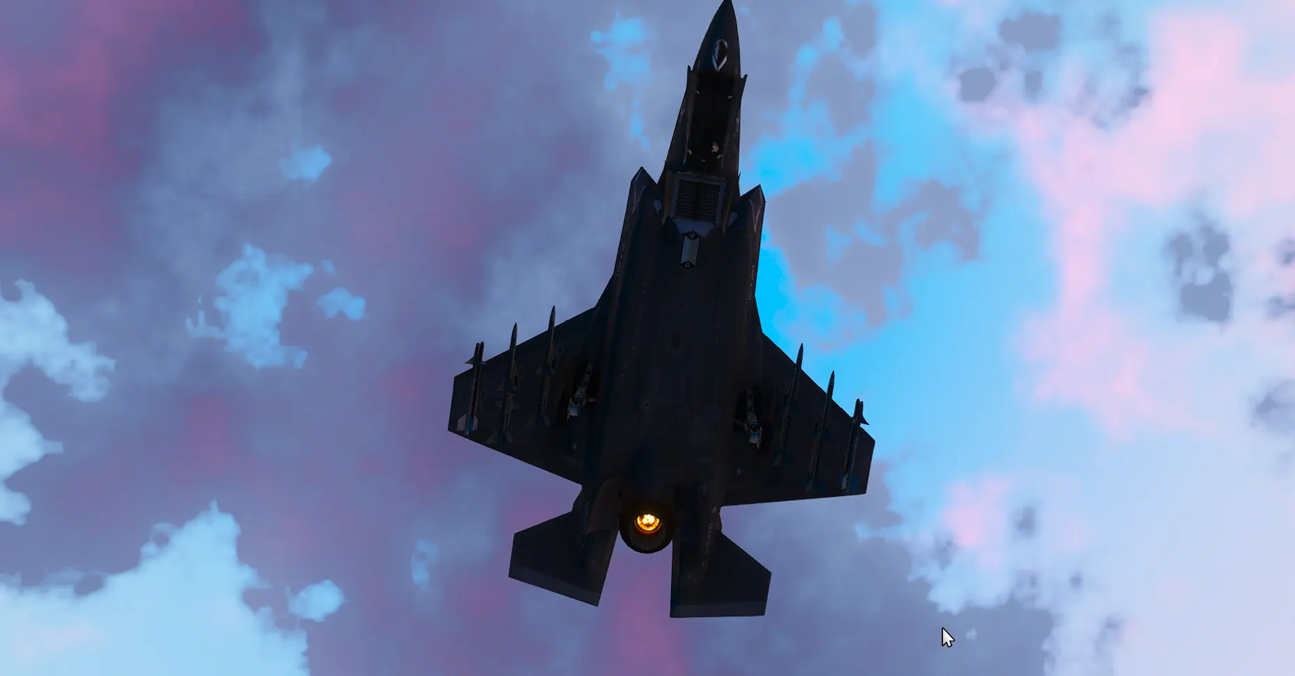 F-35 Lightning II seen from below against pink and blue cloud, captured on the MCS FiveM server