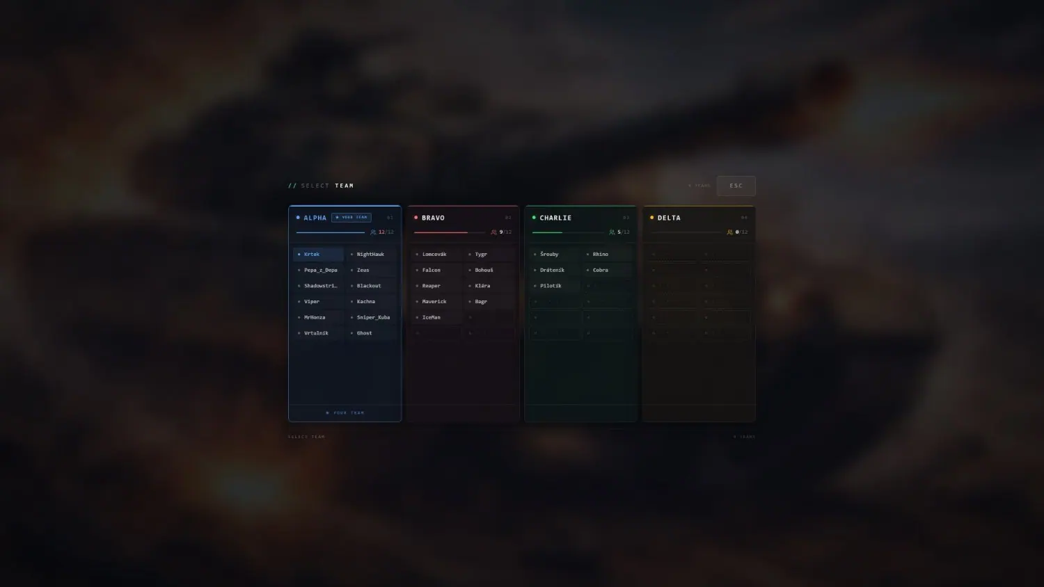 Team selection on MCS FiveM showing four rosters side by side with filled slots and open seats
